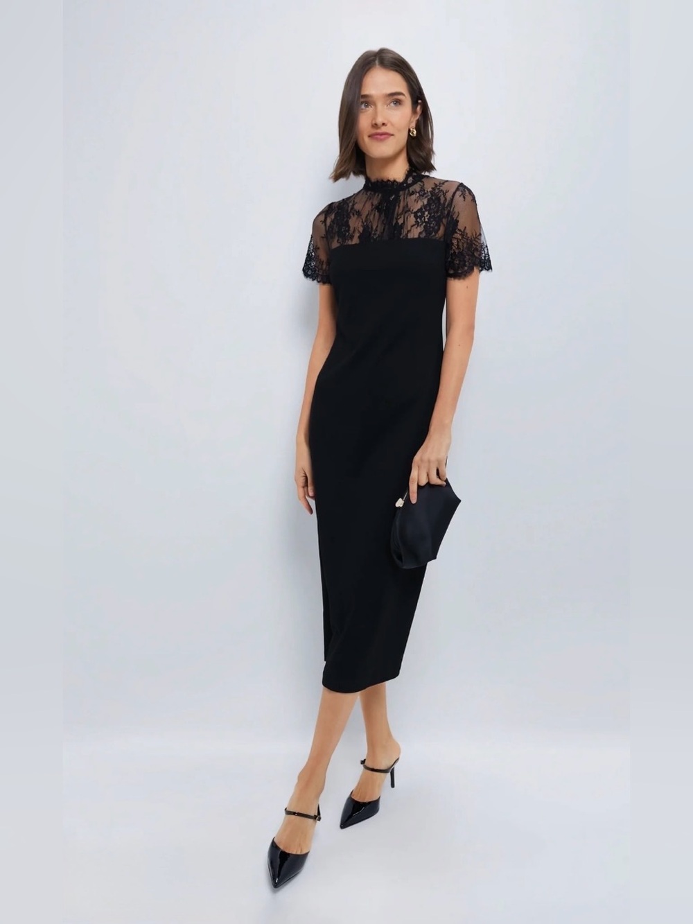 Sophisticated Black Lace-Trim Midi Dress